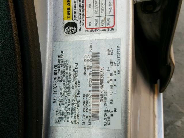 3FAHP0HA9BR280750 - 2011 FORD FUSION SE SILVER photo 10