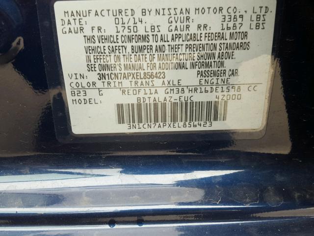 3N1CN7APXEL856423 - 2014 NISSAN VERSA S BLUE photo 10