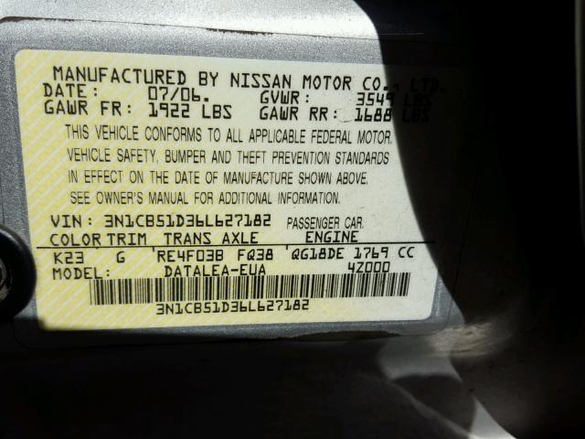 3N1CB51D36L627182 - 2006 NISSAN SENTRA 1.8 SILVER photo 10