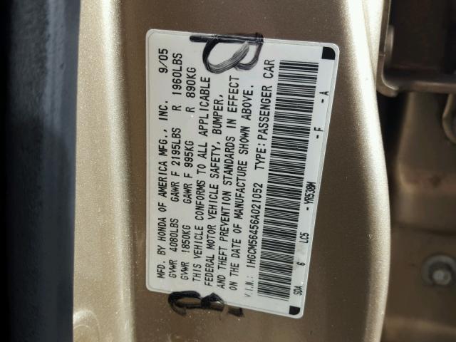 1HGCM56456A021052 - 2006 HONDA ACCORD LX GOLD photo 10