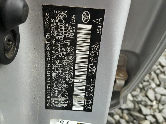 JTDKB20U683381297 - 2008 TOYOTA PRIUS SILVER photo 10