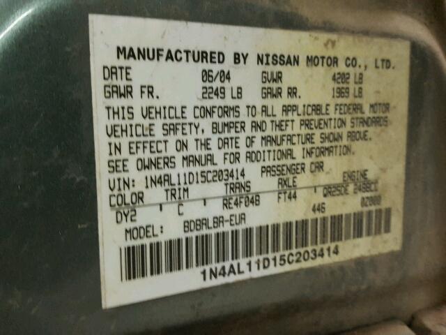 1N4AL11D15C203414 - 2005 NISSAN ALTIMA S GREEN photo 10