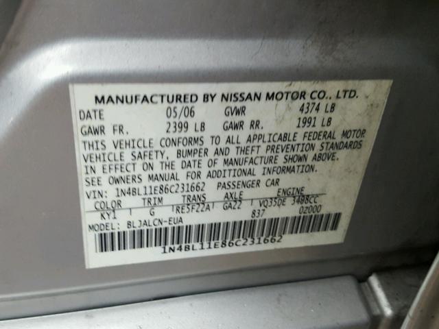 1N4BL11E86C231662 - 2006 NISSAN ALTIMA SE SILVER photo 10