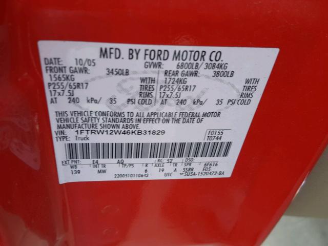 1FTRW12W46KB31829 - 2006 FORD F150 RED photo 10