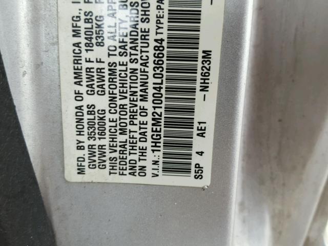 1HGEM21004L036684 - 2004 HONDA CIVIC EX SILVER photo 10