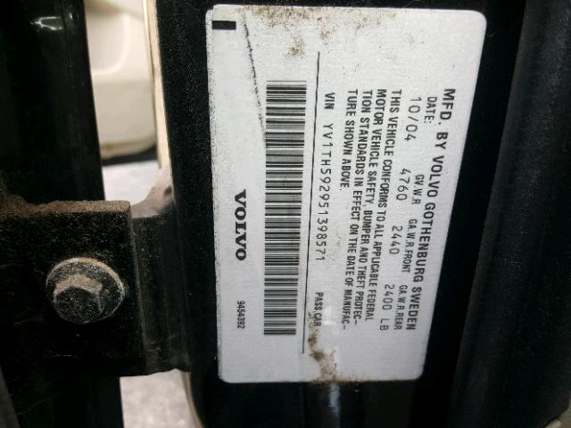 YV1TH592951398571 - 2005 VOLVO S80 2.5T BLACK photo 10