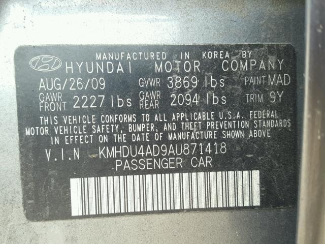 KMHDU4AD9AU871418 - 2010 HYUNDAI ELANTRA BL GRAY photo 10