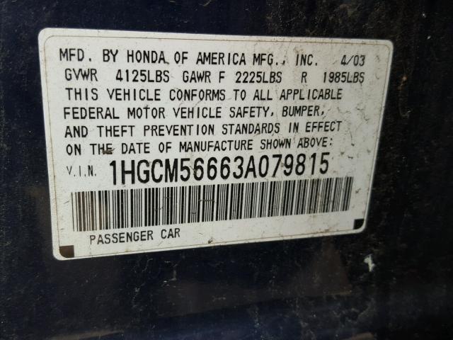 1HGCM56663A079815 - 2003 HONDA ACCORD EX BLUE photo 10