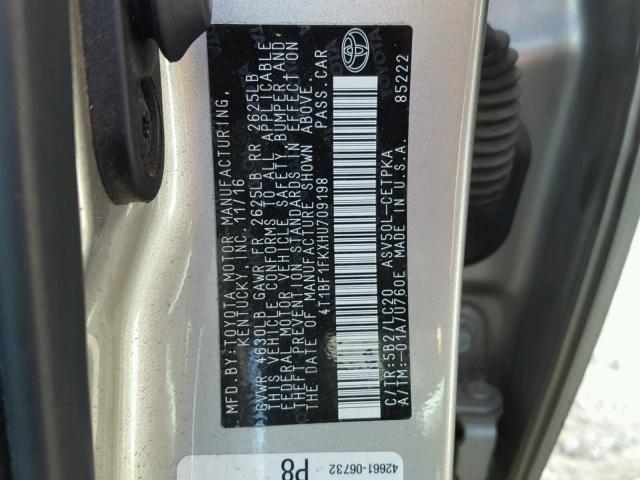 4T1BF1FKXHU709198 - 2017 TOYOTA CAMRY LE SILVER photo 10