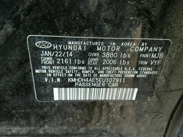 KMHDH4AE5EU107911 - 2014 HYUNDAI ELANTRA BLACK photo 10