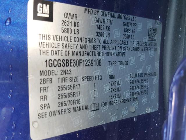 1GCGSBE30F1239106 - 2015 CHEVROLET COLORADO L BLUE photo 10