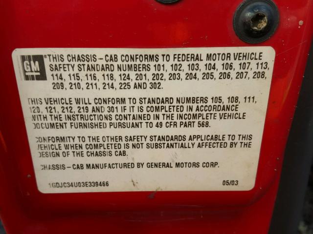 1GDJC34U03E339466 - 2003 GMC NEW SIERRA RED photo 10