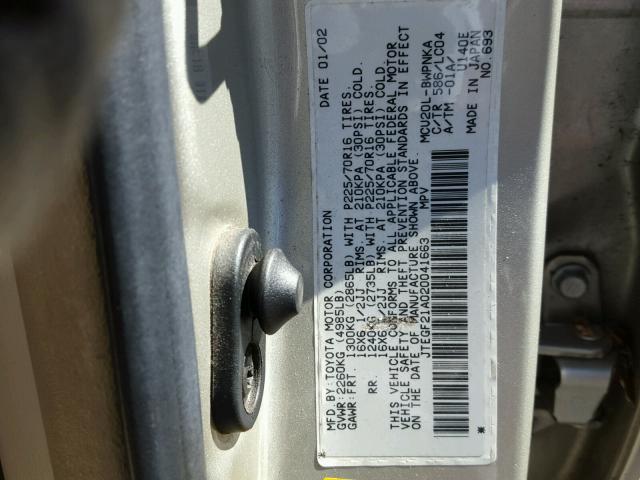 JTEGF21A020041663 - 2002 TOYOTA HIGHLANDER GOLD photo 10