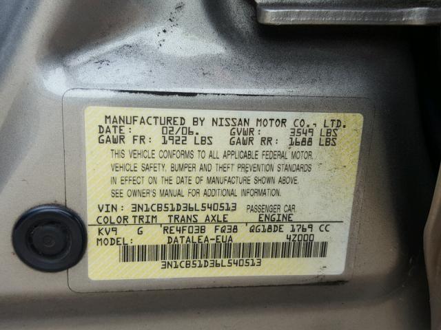 3N1CB51D36L540513 - 2006 NISSAN SENTRA 1.8 SILVER photo 10