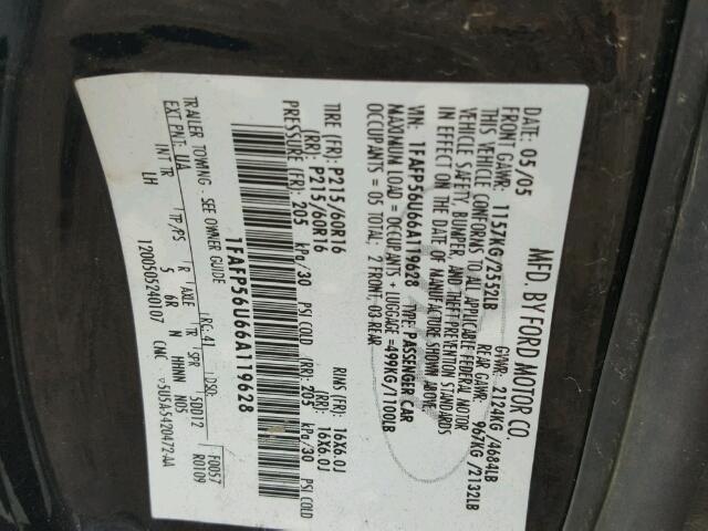 1FAFP56U66A119628 - 2006 FORD TAURUS SEL BLACK photo 10