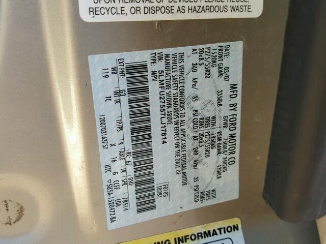 5LMFU27557LJ17814 - 2007 LINCOLN NAVIGATOR BEIGE photo 10