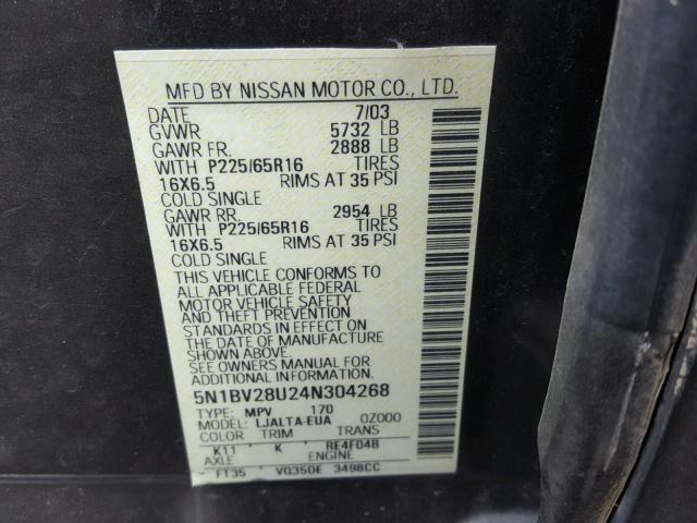 5N1BV28U24N304268 - 2004 NISSAN QUEST S CHARCOAL photo 10