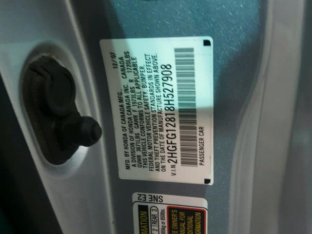 2HGFG12818H527908 - 2008 HONDA CIVIC EX SILVER photo 10