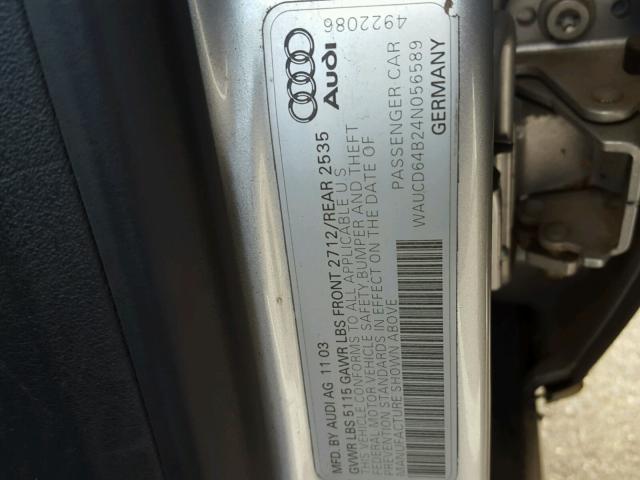 WAUCD64B24N056589 - 2004 AUDI A6 S-LINE SILVER photo 10