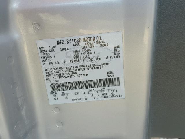 1FTRW12W78FA77468 - 2008 FORD F150 SUPER SILVER photo 10