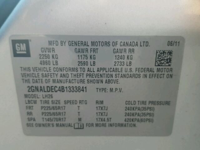 2GNALDEC4B1333841 - 2011 CHEVROLET EQUINOX LT SILVER photo 10