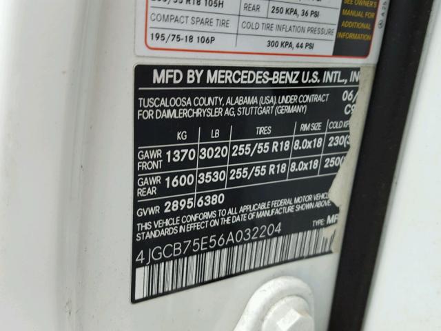 4JGCB75E56A032204 - 2006 MERCEDES-BENZ R 500 WHITE photo 10