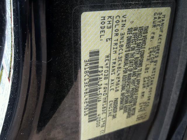 3N1BC13E48L429818 - 2008 NISSAN VERSA BLACK photo 10