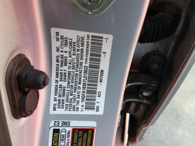 1HGFA16567L013622 - 2007 HONDA CIVIC SILVER photo 10