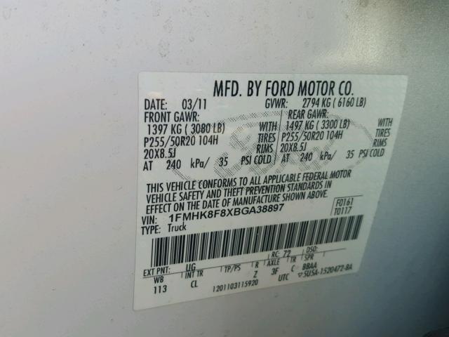 1FMHK8F8XBGA38897 - 2011 FORD EXPLORER L WHITE photo 10