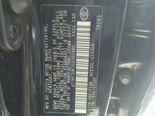 4T1BE30K35U395980 - 2005 TOYOTA CAMRY LE შავი ფოტო 10