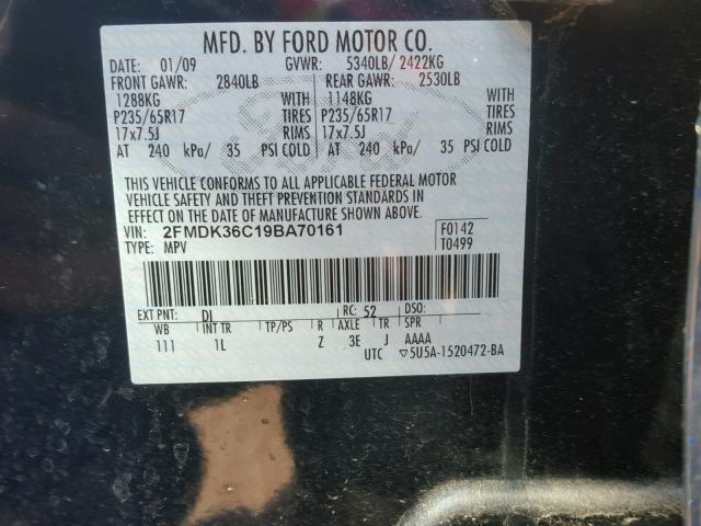 2FMDK36C19BA70161 - 2009 FORD EDGE SE BLUE photo 10