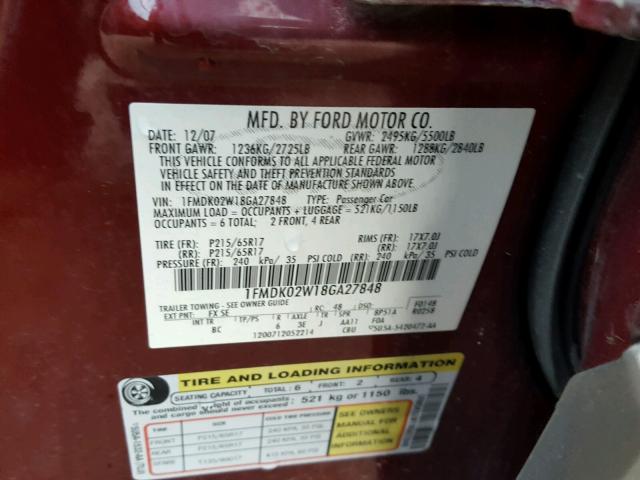 1FMDK02W18GA27848 - 2008 FORD TAURUS X S MAROON photo 10