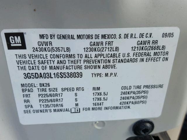 3G5DA03L16S538039 - 2006 BUICK RENDEZVOUS WHITE photo 10