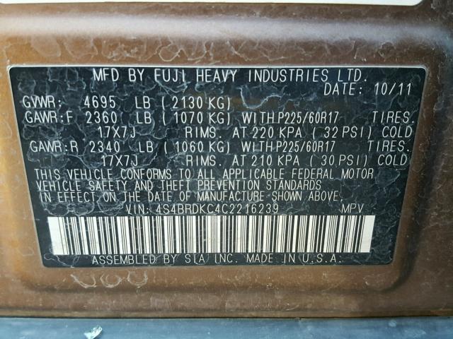 4S4BRDKC4C2216239 - 2012 SUBARU OUTBACK 3. BROWN photo 10