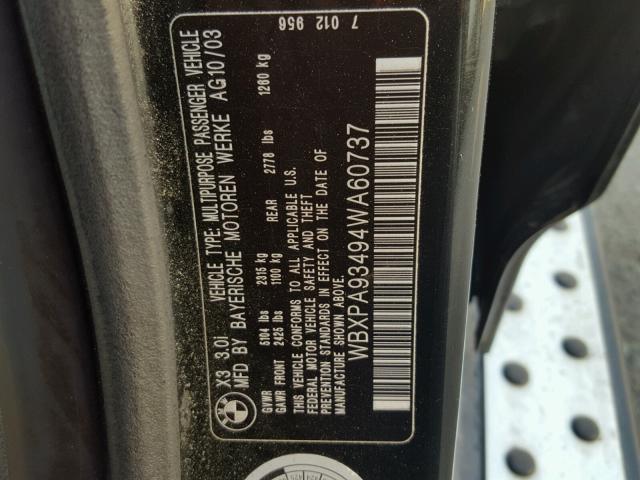 WBXPA93494WA60737 - 2004 BMW X3 3.0I BLACK photo 10