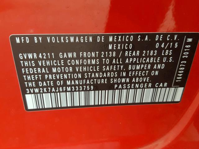 3VW2K7AJ6FM333759 - 2015 VOLKSWAGEN JETTA BASE RED photo 10