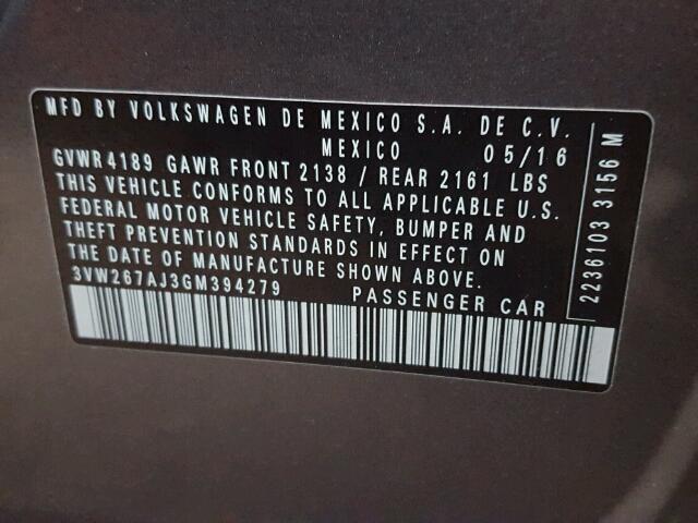 3VW267AJ3GM394279 - 2016 VOLKSWAGEN JETTA S 灰色 照片 10