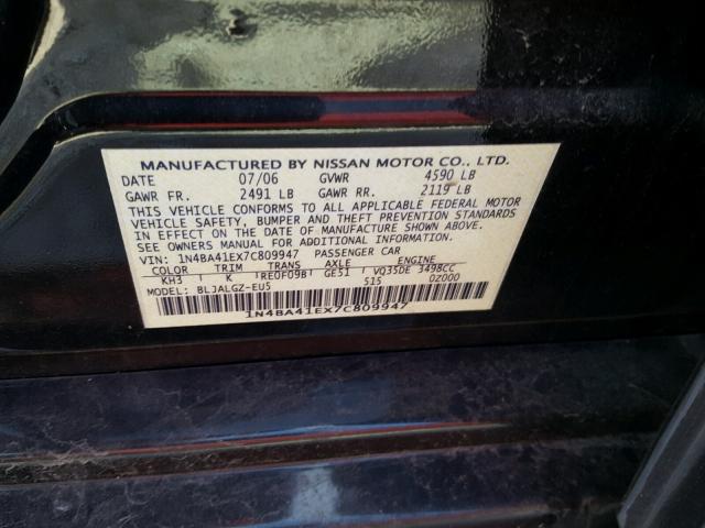 1N4BA41EX7C809947 - 2007 NISSAN MAXIMA SE BLACK photo 10