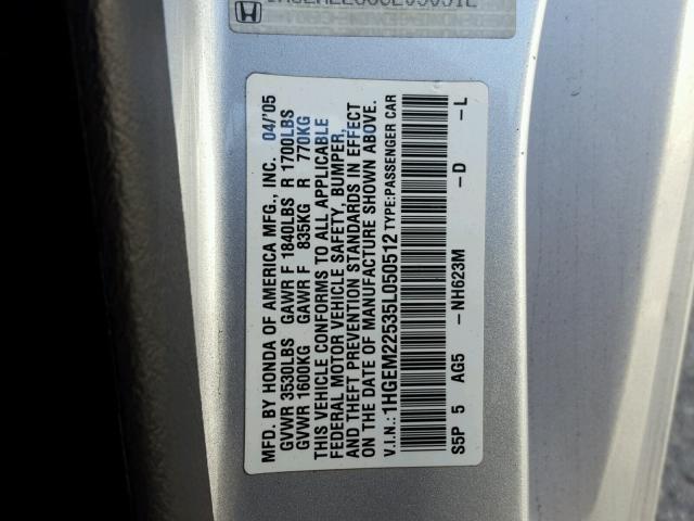 1HGEM22535L050512 - 2005 HONDA CIVIC LX SILVER photo 10