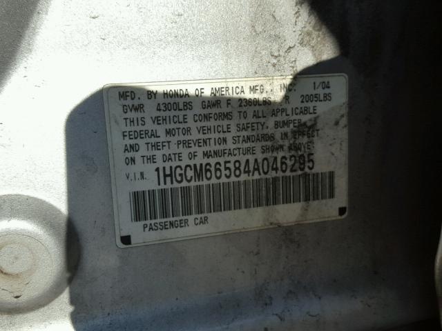 1HGCM66584A046295 - 2004 HONDA ACCORD EX SILVER photo 10