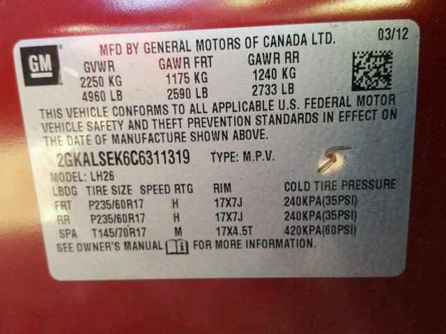 2GKALSEK6C6311319 - 2012 GMC TERRAIN SL BURGUNDY photo 10