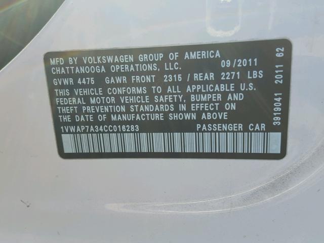 1VWAP7A34CC016283 - 2012 VOLKSWAGEN PASSAT S WHITE photo 10