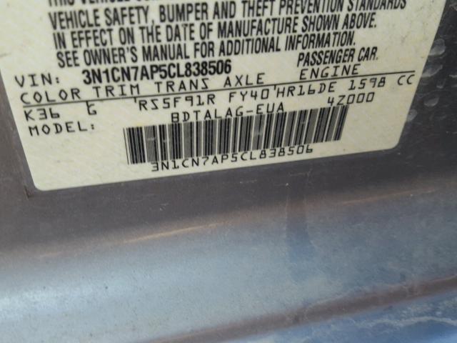 3N1CN7AP5CL838506 - 2012 NISSAN VERSA S GRAY photo 10