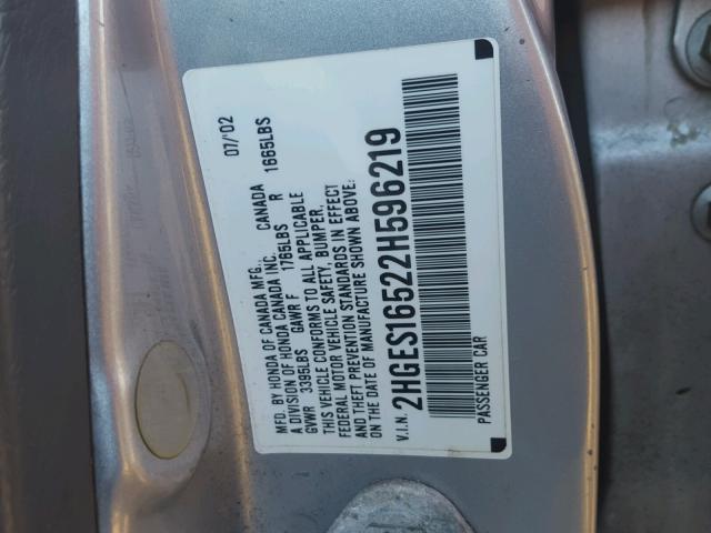 2HGES16522H596219 - 2002 HONDA CIVIC LX SILVER photo 10