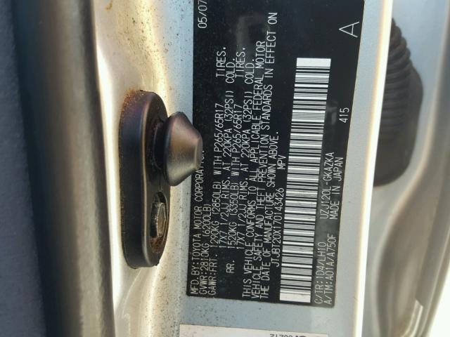 JTJBT20X170143426 - 2007 LEXUS GX 470 SILVER photo 10