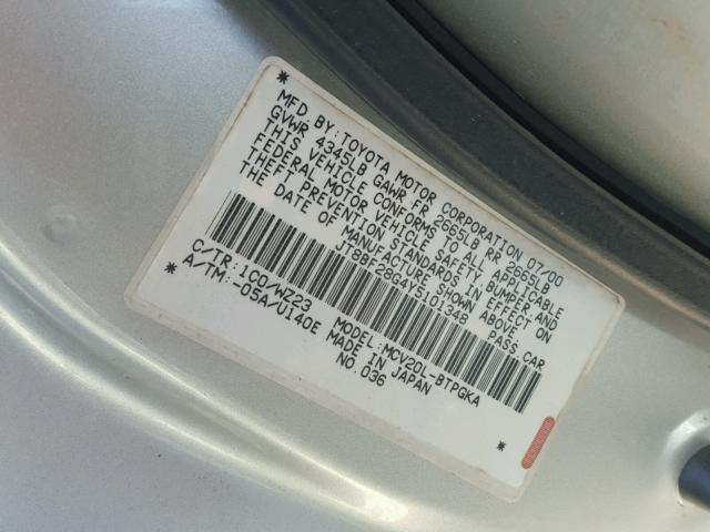 JT8BF28G4Y5101348 - 2000 LEXUS ES 300 SILVER photo 10