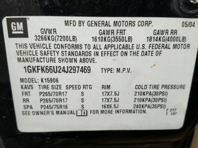 1GKFK66U24J297469 - 2004 GMC YUKON XL D BLACK photo 10