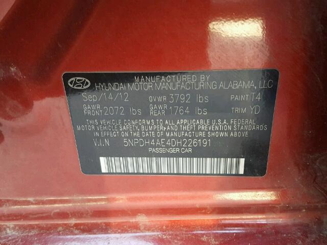 5NPDH4AE4DH226191 - 2013 HYUNDAI ELANTRA GL RED photo 10