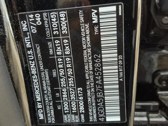 4JGDA5JB7FA452862 - 2015 MERCEDES-BENZ ML 350 BLACK photo 10