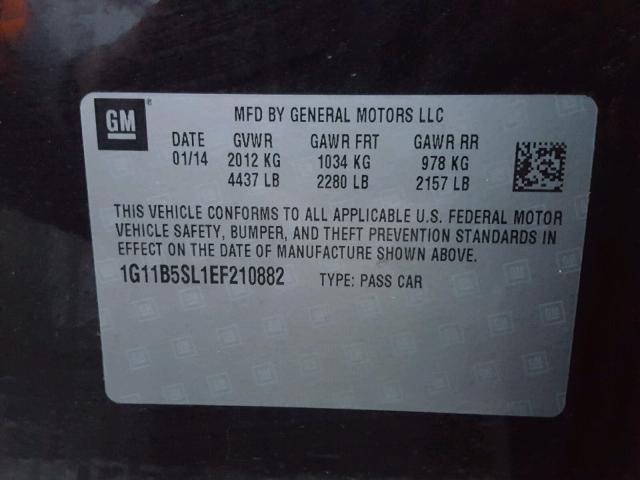 1G11B5SL1EF210882 - 2014 CHEVROLET MALIBU LS შავი ფოტო 10